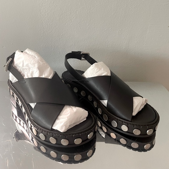 AllSaints Black Ruse Leather Criss Cross Studded Sandals size 7 EU38